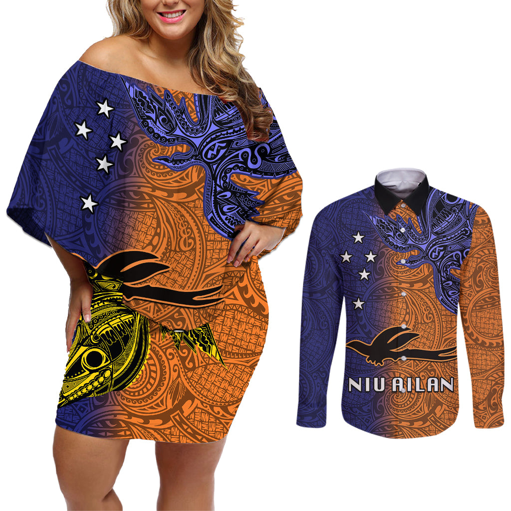 Papua New Guinea New Ireland Province Couples Matching Off Shoulder Short Dress and Long Sleeve Button Shirts PNG Birds Of Paradise Polynesian Arty Style LT03 Orange - Polynesian Pride