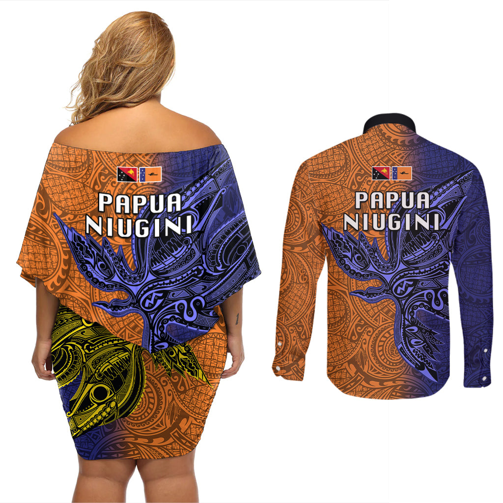Papua New Guinea New Ireland Province Couples Matching Off Shoulder Short Dress and Long Sleeve Button Shirts PNG Birds Of Paradise Polynesian Arty Style LT03 - Polynesian Pride