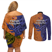 Papua New Guinea New Ireland Province Couples Matching Off Shoulder Short Dress and Long Sleeve Button Shirts PNG Birds Of Paradise Polynesian Arty Style LT03 - Polynesian Pride