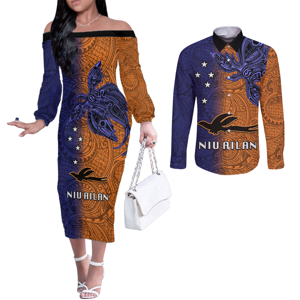 Papua New Guinea New Ireland Province Couples Matching Off The Shoulder Long Sleeve Dress and Long Sleeve Button Shirts PNG Birds Of Paradise Polynesian Arty Style LT03 Orange - Polynesian Pride