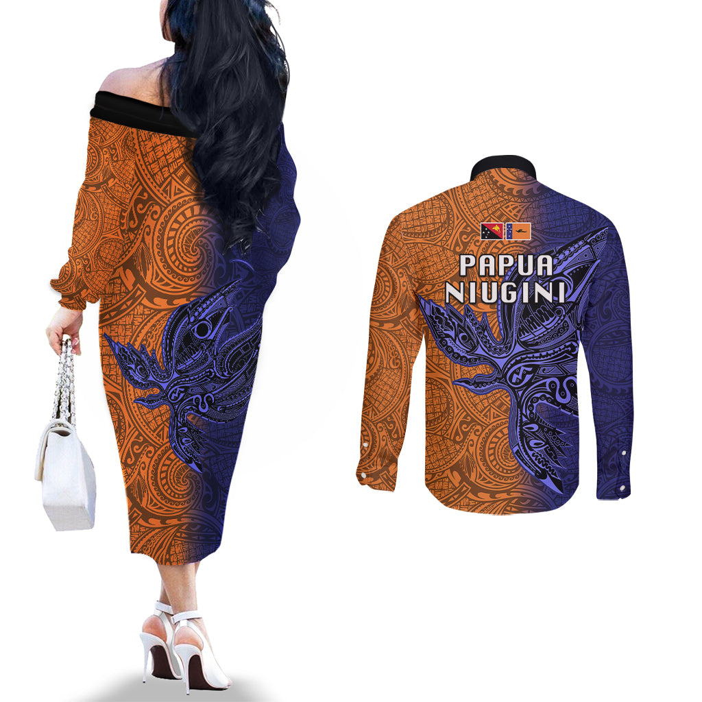 Papua New Guinea New Ireland Province Couples Matching Off The Shoulder Long Sleeve Dress and Long Sleeve Button Shirts PNG Birds Of Paradise Polynesian Arty Style LT03 - Polynesian Pride