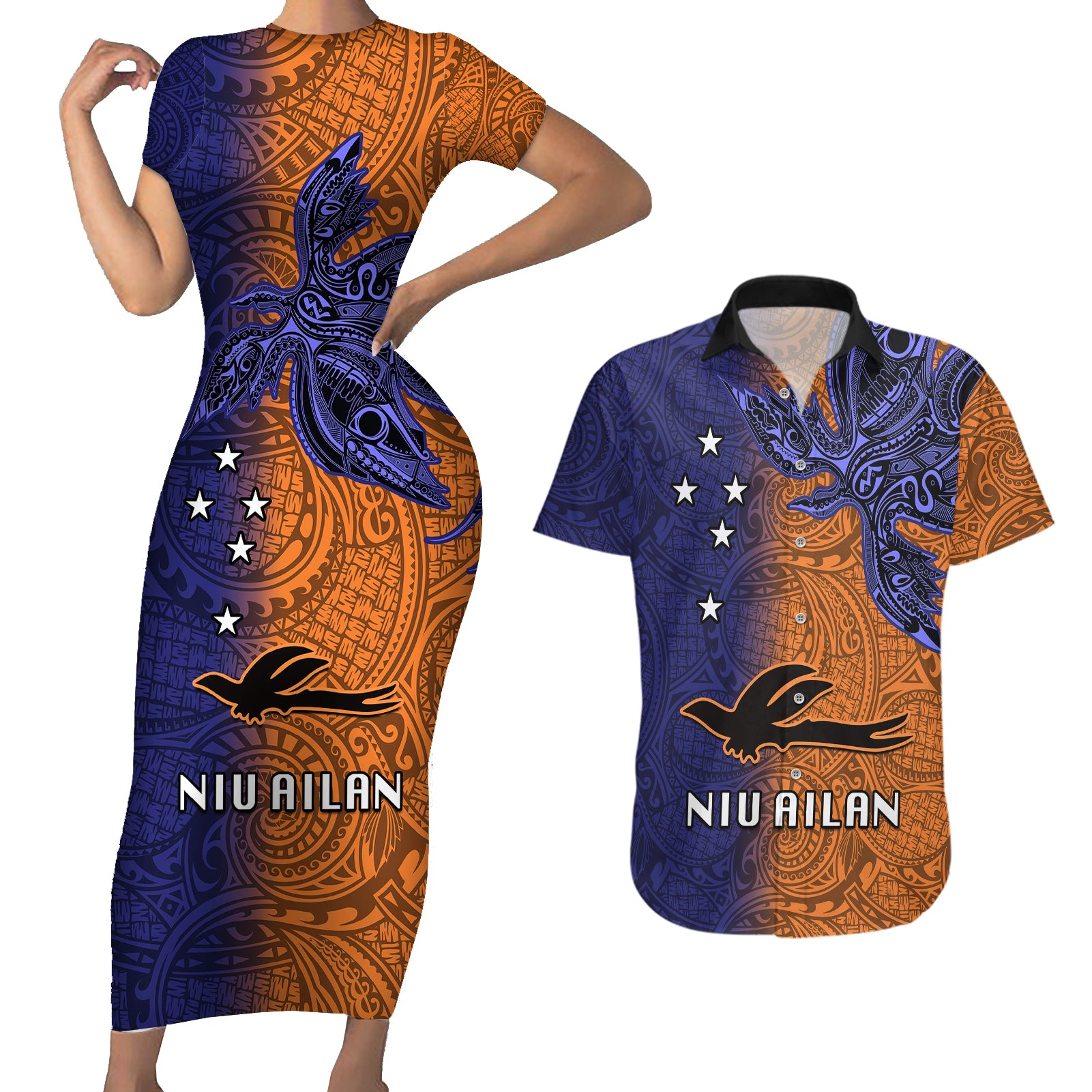 Papua New Guinea New Ireland Province Couples Matching Short Sleeve Bodycon Dress and Hawaiian Shirt PNG Birds Of Paradise Polynesian Arty Style LT03 Orange - Polynesian Pride