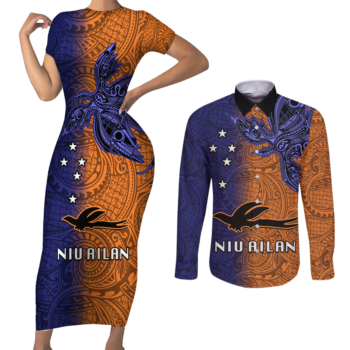 Papua New Guinea New Ireland Province Couples Matching Short Sleeve Bodycon Dress and Long Sleeve Button Shirts PNG Birds Of Paradise Polynesian Arty Style LT03 Orange - Polynesian Pride