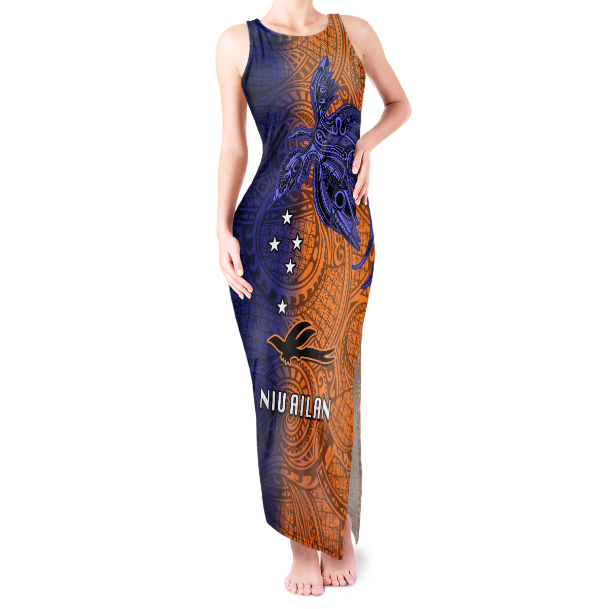 Papua New Guinea New Ireland Province Tank Maxi Dress PNG Birds Of Paradise Polynesian Arty Style LT03 Women Orange - Polynesian Pride