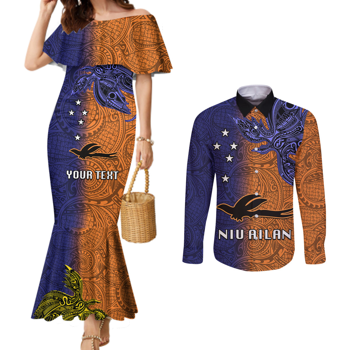 Custom Papua New Guinea New Ireland Province Couples Matching Mermaid Dress and Long Sleeve Button Shirts PNG Birds Of Paradise Polynesian Arty Style LT03 Orange - Polynesian Pride