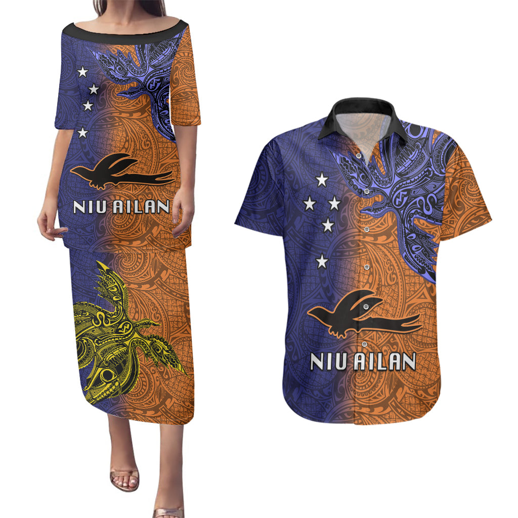 Custom Papua New Guinea New Ireland Province Couples Matching Puletasi Dress and Hawaiian Shirt PNG Birds Of Paradise Polynesian Arty Style LT03 Orange - Polynesian Pride