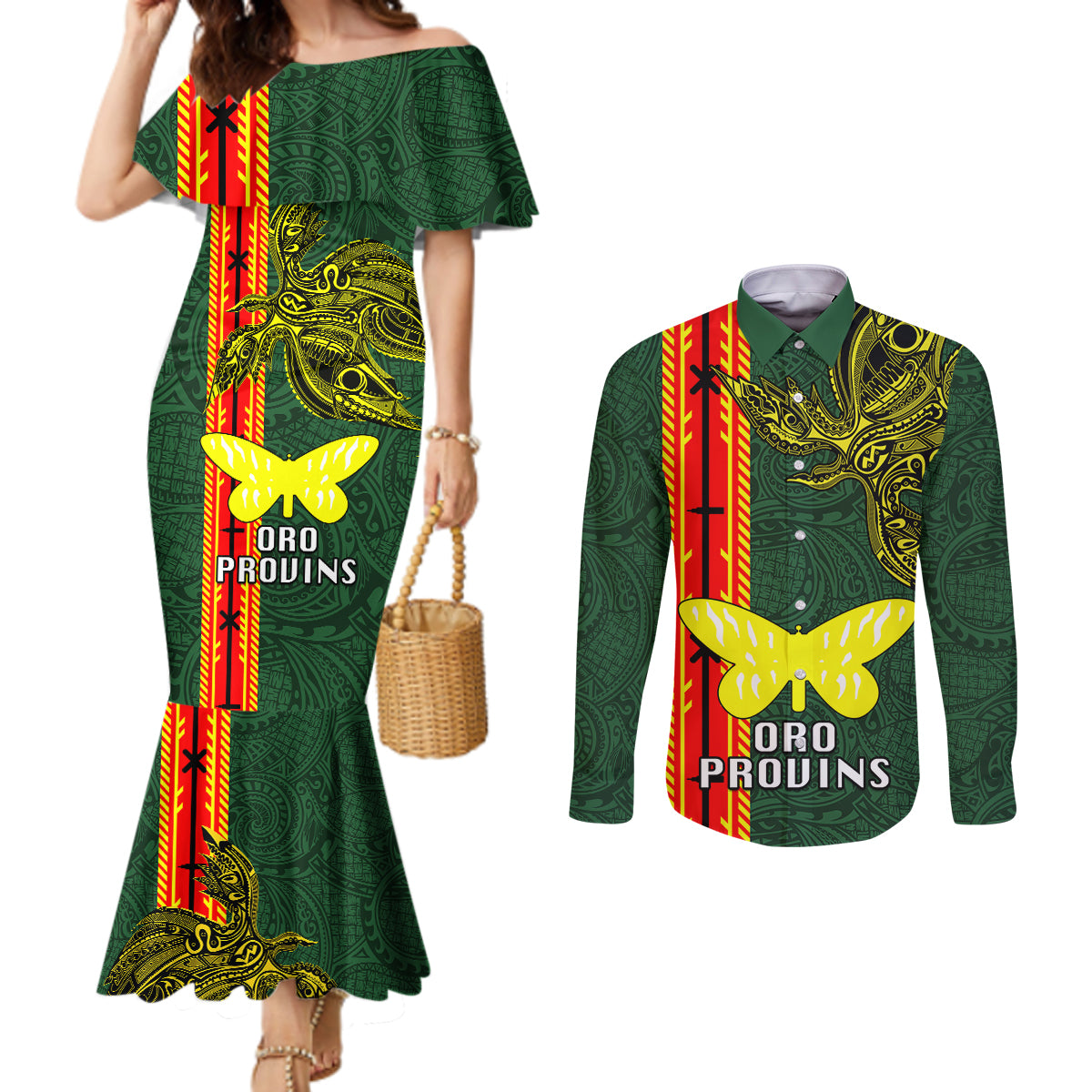 Papua New Guinea Oro Province Couples Matching Mermaid Dress and Long Sleeve Button Shirts PNG Birds Of Paradise Polynesian Arty Style LT03 Green - Polynesian Pride