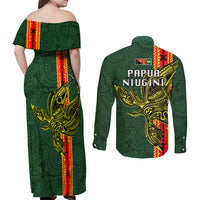 Papua New Guinea Oro Province Couples Matching Off Shoulder Maxi Dress and Long Sleeve Button Shirts PNG Birds Of Paradise Polynesian Arty Style LT03 - Polynesian Pride
