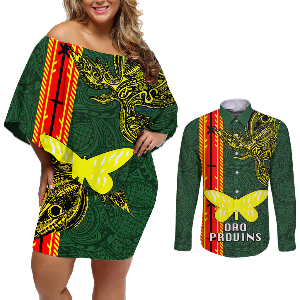 Papua New Guinea Oro Province Couples Matching Off Shoulder Short Dress and Long Sleeve Button Shirts PNG Birds Of Paradise Polynesian Arty Style LT03 Green - Polynesian Pride