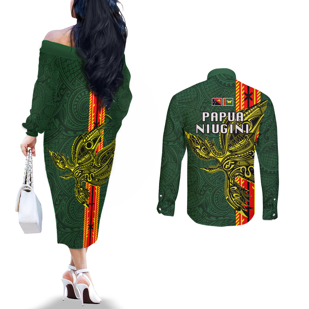 Papua New Guinea Oro Province Couples Matching Off The Shoulder Long Sleeve Dress and Long Sleeve Button Shirts PNG Birds Of Paradise Polynesian Arty Style LT03 - Polynesian Pride