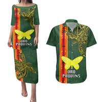 Papua New Guinea Oro Province Couples Matching Puletasi Dress and Hawaiian Shirt PNG Birds Of Paradise Polynesian Arty Style LT03 Green - Polynesian Pride