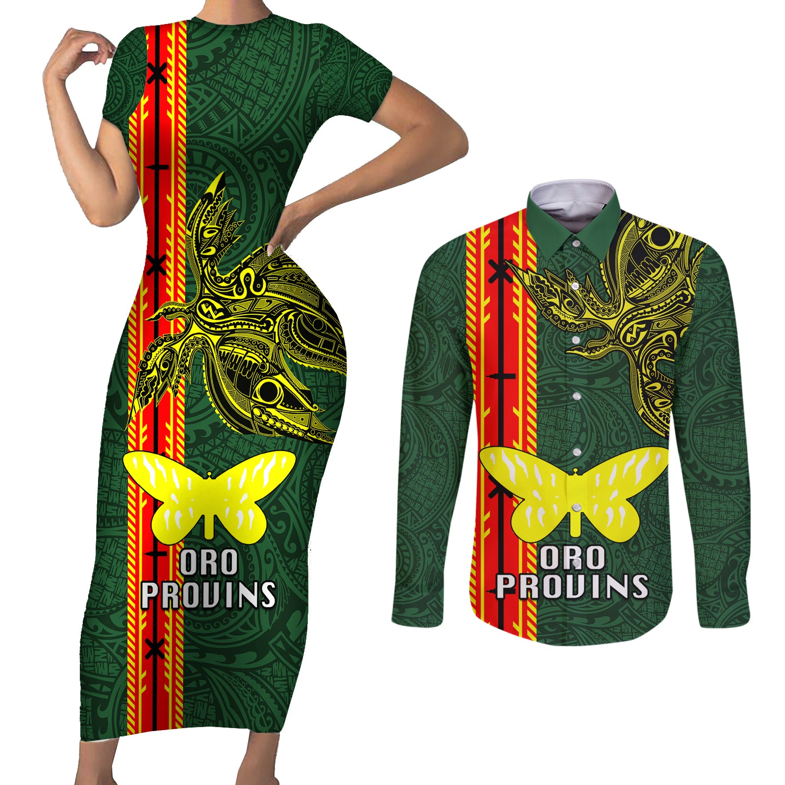 Papua New Guinea Oro Province Couples Matching Short Sleeve Bodycon Dress and Long Sleeve Button Shirts PNG Birds Of Paradise Polynesian Arty Style LT03 Green - Polynesian Pride
