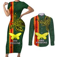 Papua New Guinea Oro Province Couples Matching Short Sleeve Bodycon Dress and Long Sleeve Button Shirts PNG Birds Of Paradise Polynesian Arty Style LT03 Green - Polynesian Pride