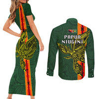 Papua New Guinea Oro Province Couples Matching Short Sleeve Bodycon Dress and Long Sleeve Button Shirts PNG Birds Of Paradise Polynesian Arty Style LT03 - Polynesian Pride