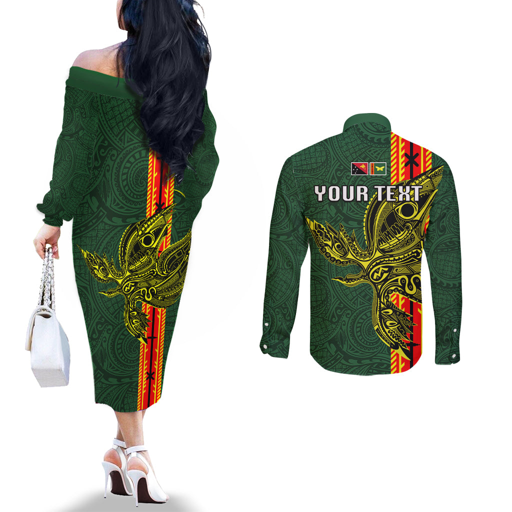 Custom Papua New Guinea Oro Province Couples Matching Off The Shoulder Long Sleeve Dress and Long Sleeve Button Shirts PNG Birds Of Paradise Polynesian Arty Style LT03 - Polynesian Pride