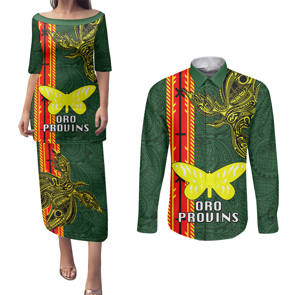 Custom Papua New Guinea Oro Province Couples Matching Puletasi Dress and Long Sleeve Button Shirts PNG Birds Of Paradise Polynesian Arty Style LT03 Green - Polynesian Pride