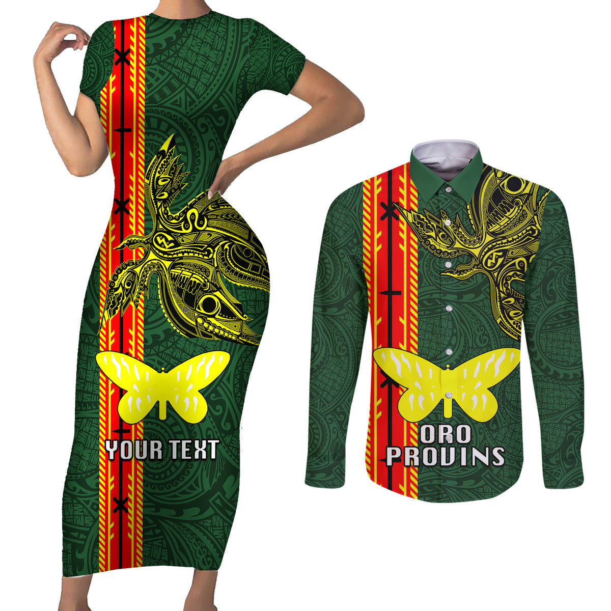 Custom Papua New Guinea Oro Province Couples Matching Short Sleeve Bodycon Dress and Long Sleeve Button Shirts PNG Birds Of Paradise Polynesian Arty Style LT03 Green - Polynesian Pride