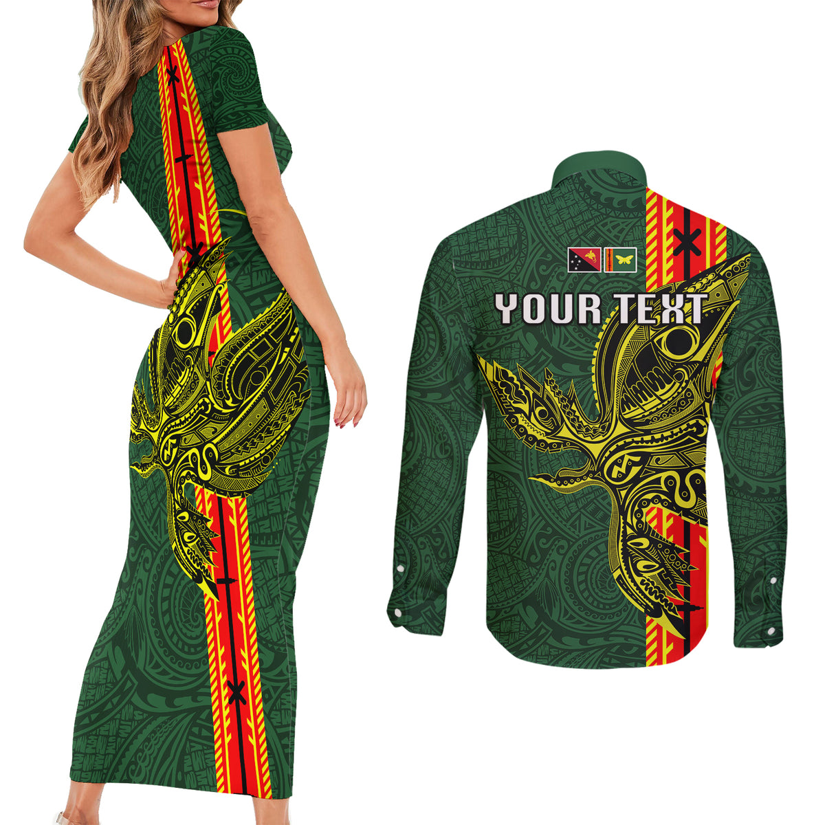 Custom Papua New Guinea Oro Province Couples Matching Short Sleeve Bodycon Dress and Long Sleeve Button Shirts PNG Birds Of Paradise Polynesian Arty Style LT03 - Polynesian Pride