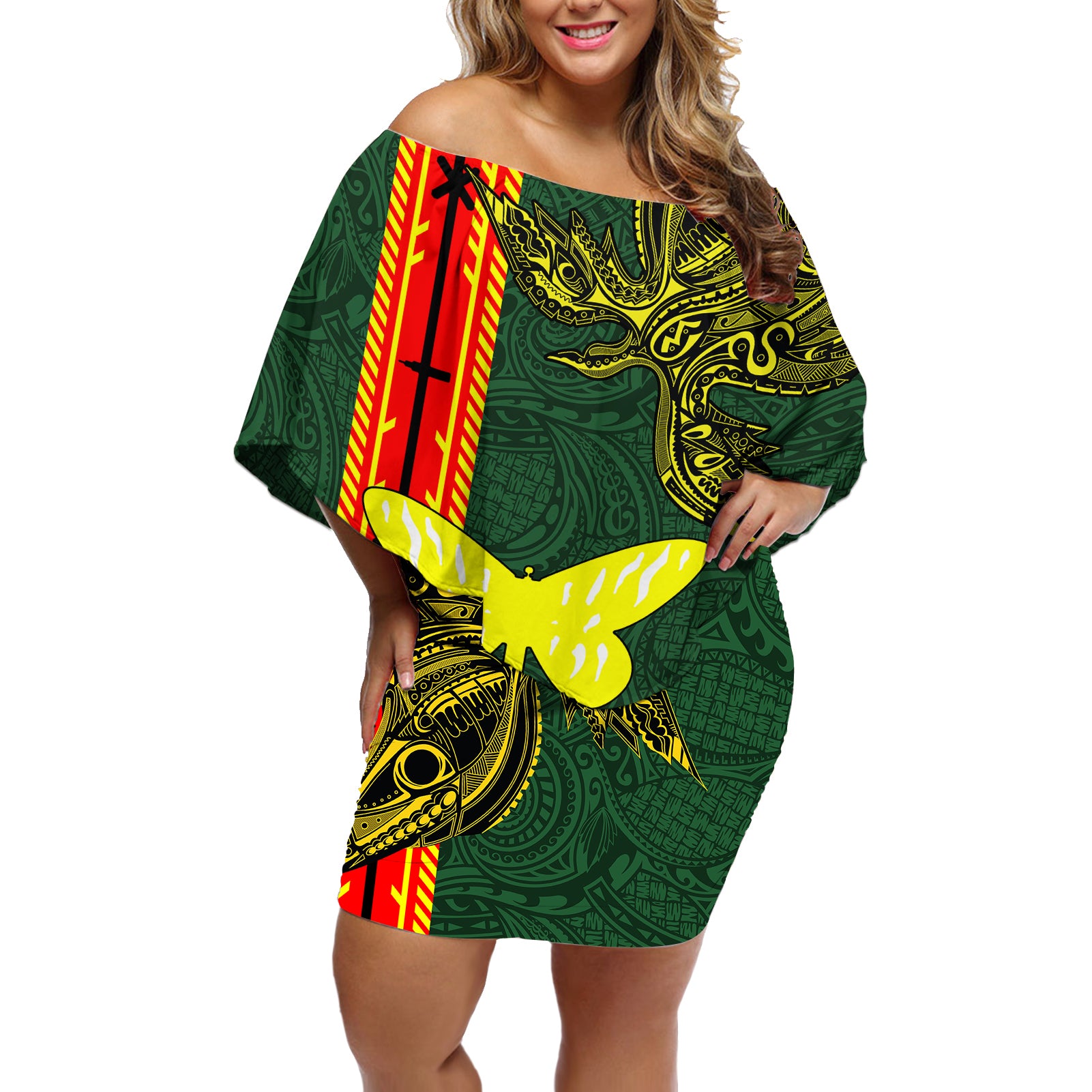 Custom Papua New Guinea Oro Province Off Shoulder Short Dress PNG Birds Of Paradise Polynesian Arty Style LT03 Women Green - Polynesian Pride