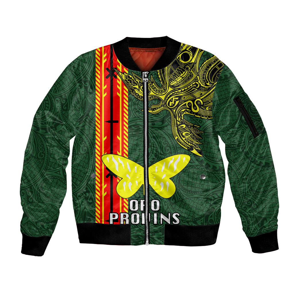 Custom Papua New Guinea Oro Province Sleeve Zip Bomber Jacket PNG Birds Of Paradise Polynesian Arty Style LT03 Unisex Green - Polynesian Pride