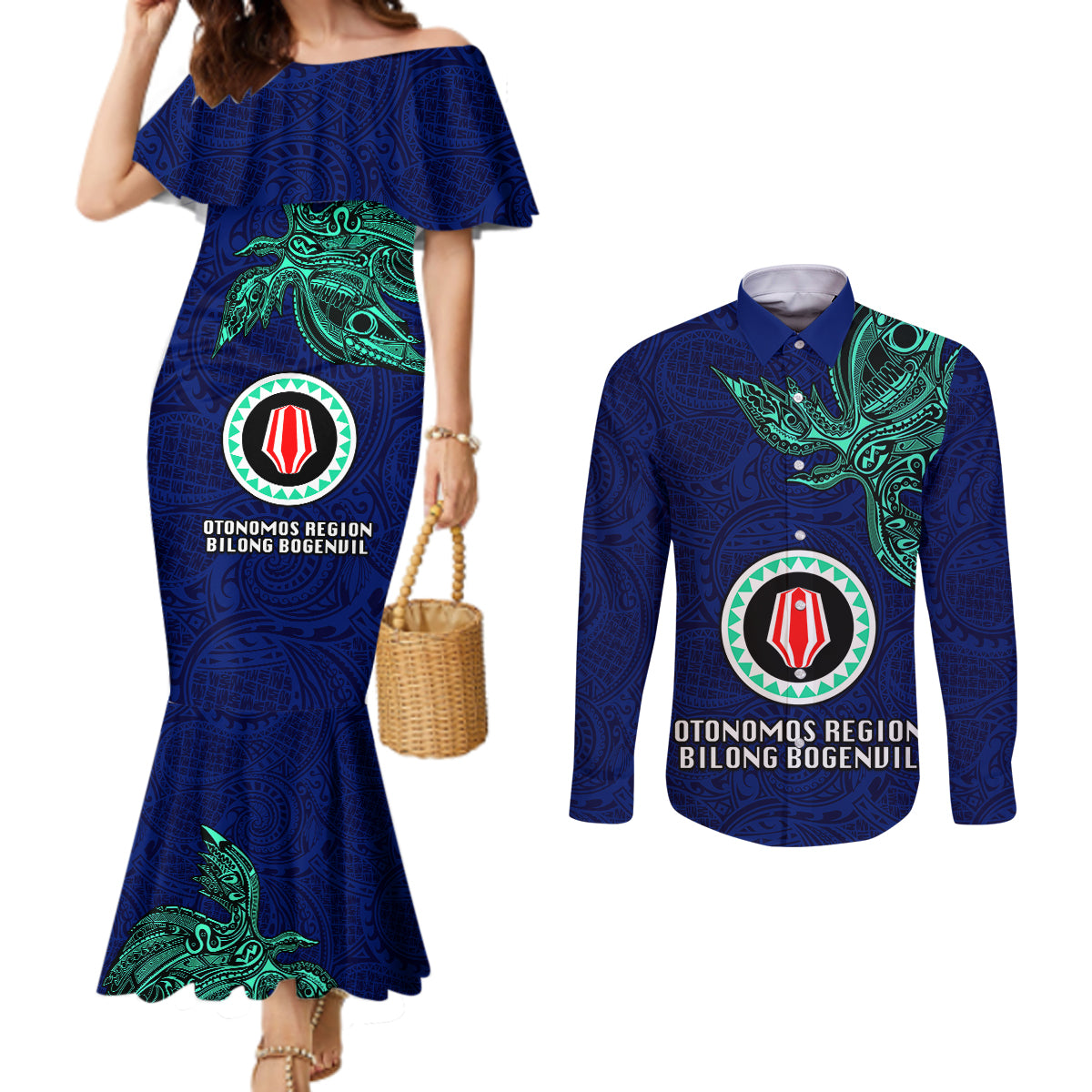 Papua New Guinea Bougainville Couples Matching Mermaid Dress and Long Sleeve Button Shirts PNG Birds Of Paradise Polynesian Arty Style LT03 Blue - Polynesian Pride