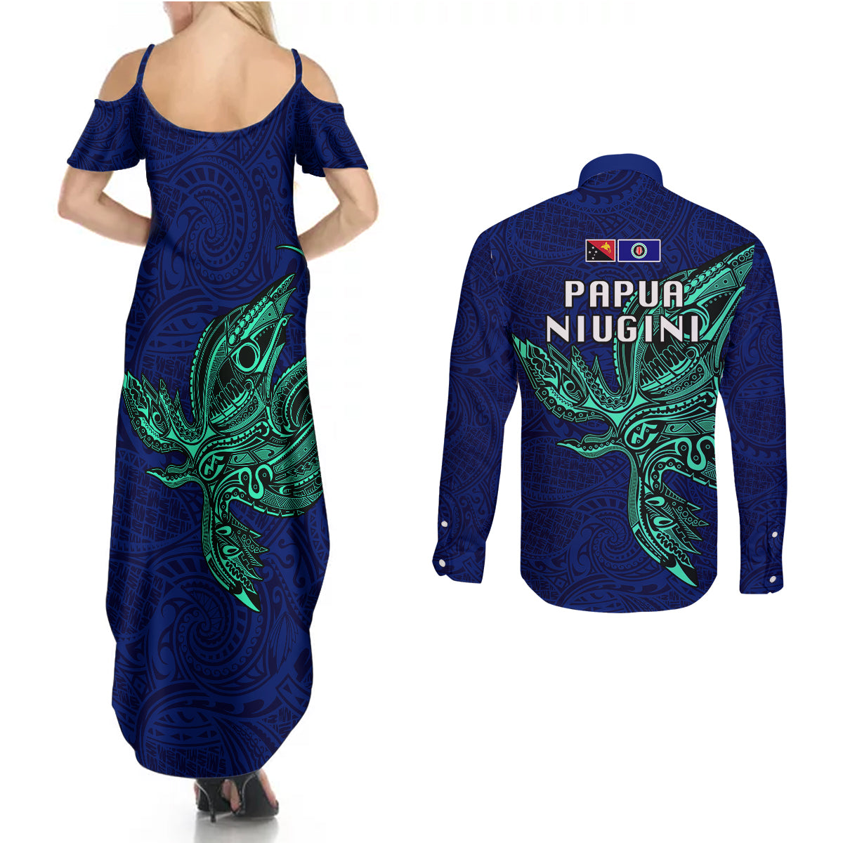 Papua New Guinea Bougainville Couples Matching Summer Maxi Dress and Long Sleeve Button Shirts PNG Birds Of Paradise Polynesian Arty Style LT03 - Polynesian Pride