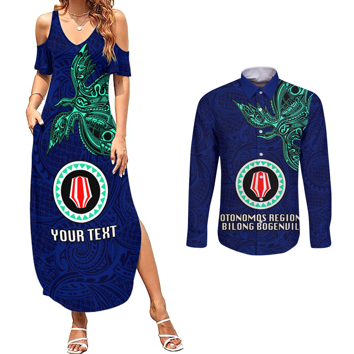 Custom Papua New Guinea Bougainville Couples Matching Summer Maxi Dress and Long Sleeve Button Shirts PNG Birds Of Paradise Polynesian Arty Style LT03 Blue - Polynesian Pride