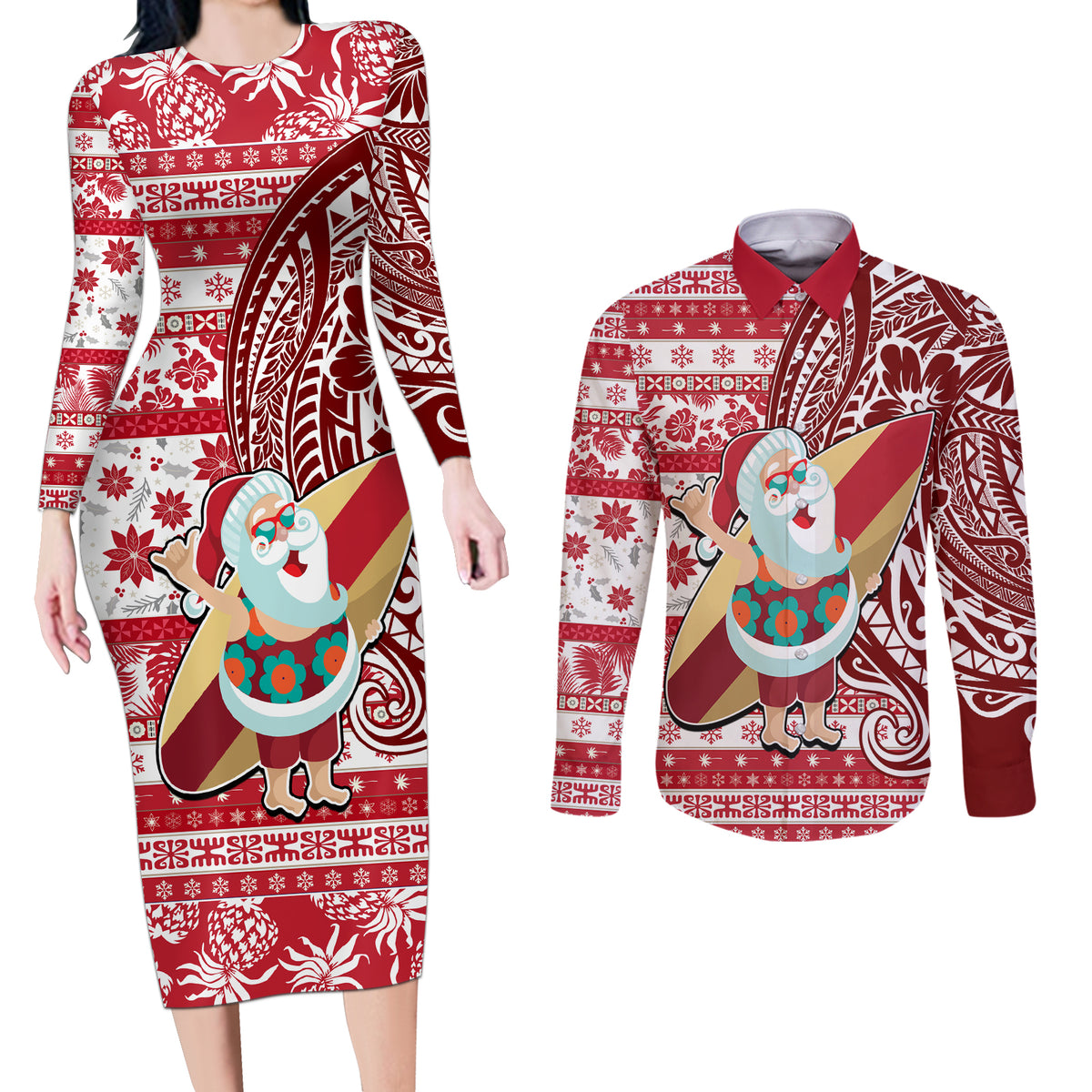 Hawaii Mele Kalikimaka Couples Matching Long Sleeve Bodycon Dress and Long Sleeve Button Shirt Santa Claus Surfing with Hawaiian Pattern Striped Red Style LT03 Red - Polynesian Pride