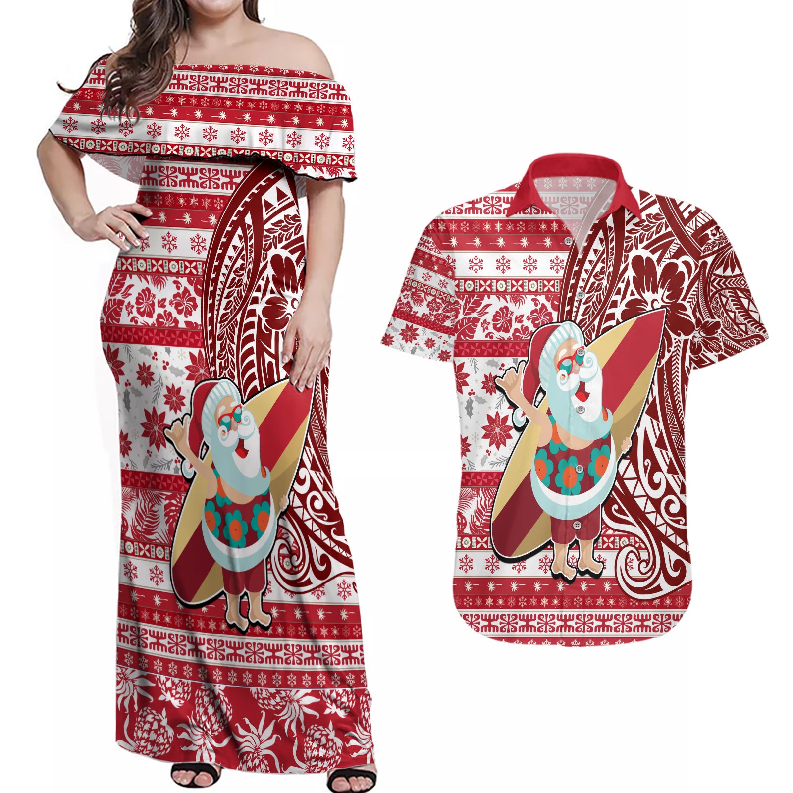 Hawaii Mele Kalikimaka Couples Matching Off Shoulder Maxi Dress and Hawaiian Shirt Santa Claus Surfing with Hawaiian Pattern Striped Red Style LT03 Red - Polynesian Pride