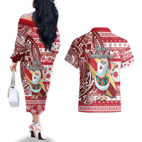 Hawaii Mele Kalikimaka Couples Matching Off The Shoulder Long Sleeve Dress and Hawaiian Shirt Santa Claus Surfing with Hawaiian Pattern Striped Red Style LT03 - Polynesian Pride