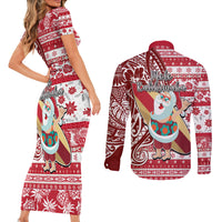 Hawaii Mele Kalikimaka Couples Matching Short Sleeve Bodycon Dress and Long Sleeve Button Shirt Santa Claus Surfing with Hawaiian Pattern Striped Red Style LT03 - Polynesian Pride