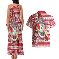 Hawaii Mele Kalikimaka Couples Matching Tank Maxi Dress and Hawaiian Shirt Santa Claus Surfing with Hawaiian Pattern Striped Red Style LT03 - Polynesian Pride