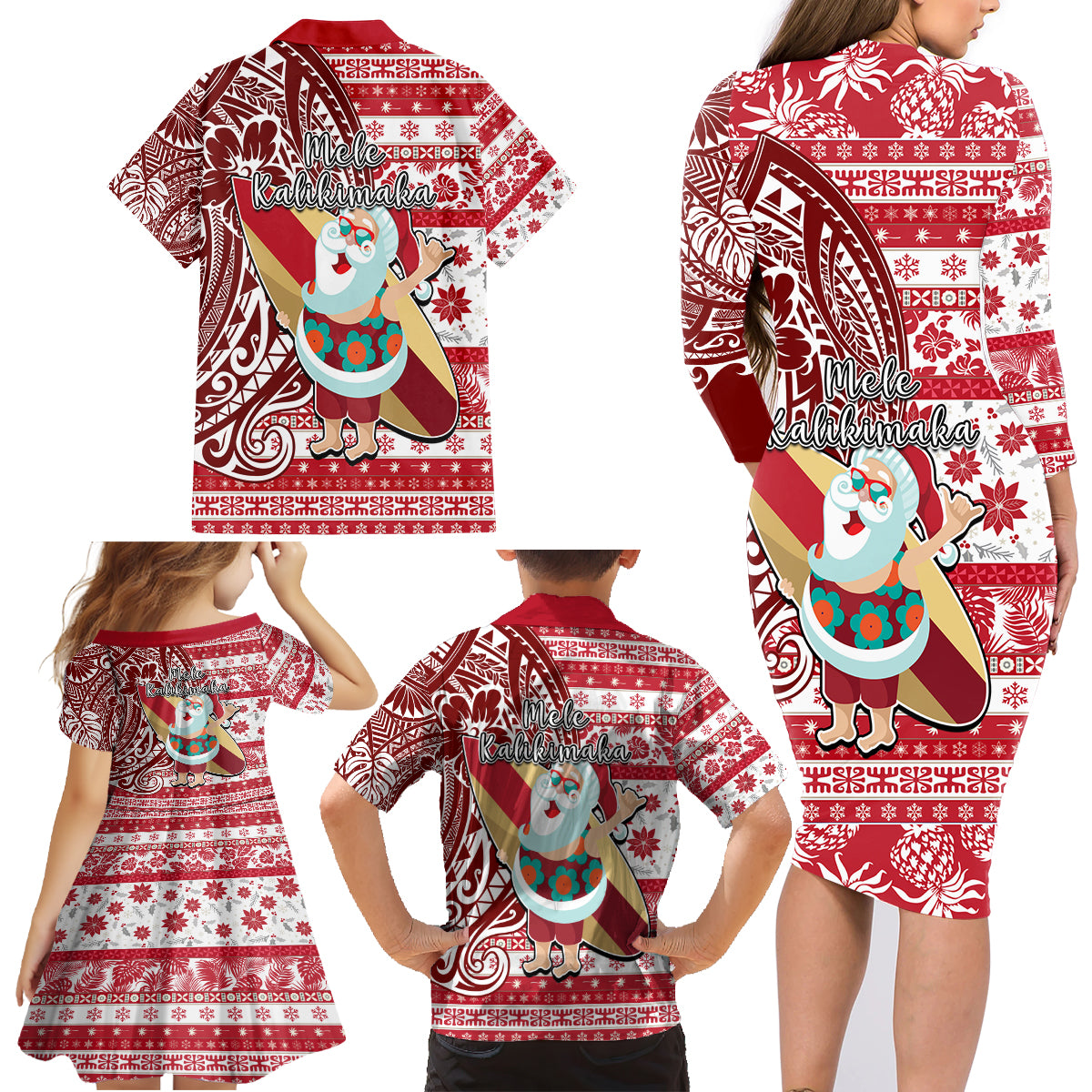 Hawaii Mele Kalikimaka Family Matching Long Sleeve Bodycon Dress and Hawaiian Shirt Santa Claus Surfing with Hawaiian Pattern Striped Red Style LT03 - Polynesian Pride