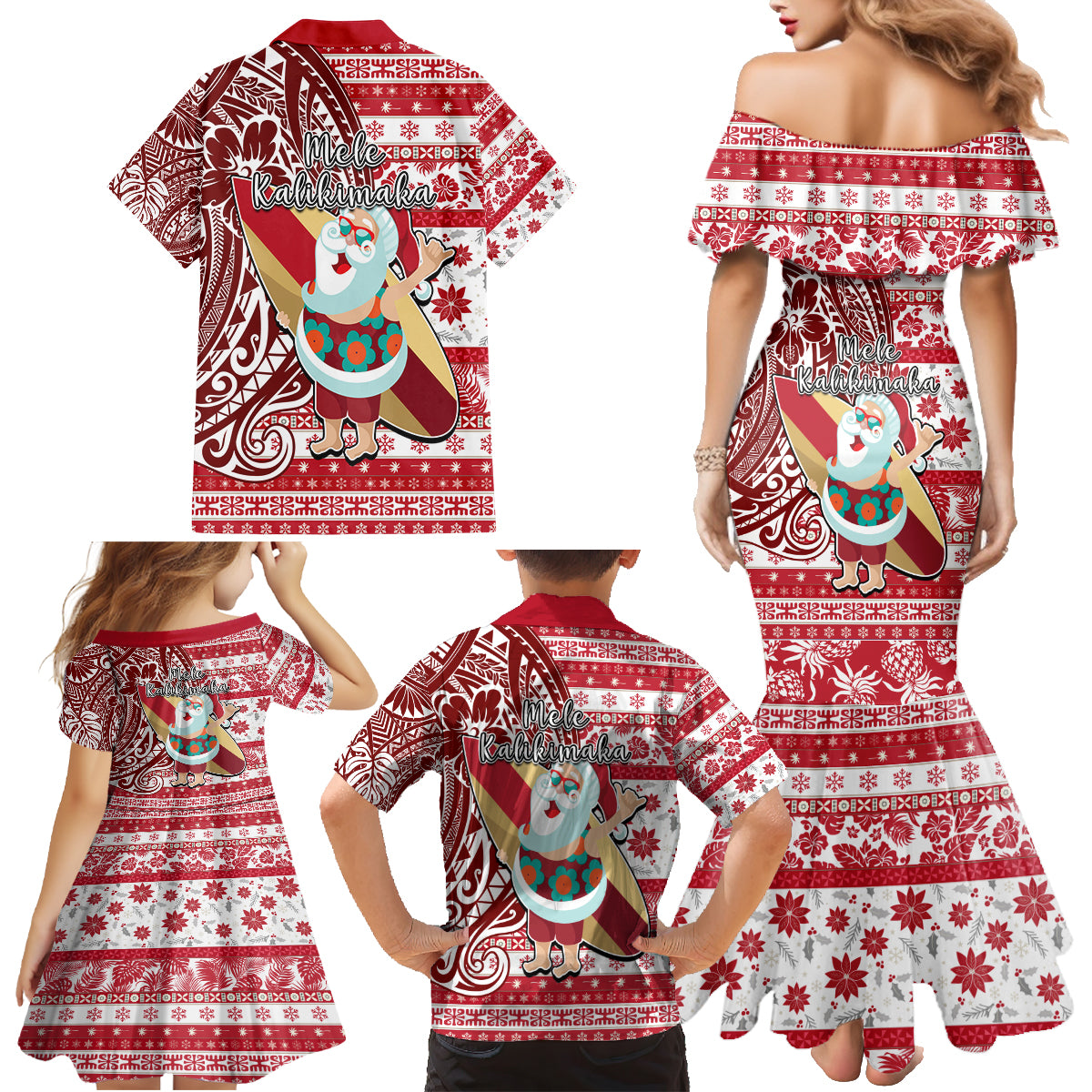 Hawaii Mele Kalikimaka Family Matching Mermaid Dress and Hawaiian Shirt Santa Claus Surfing with Hawaiian Pattern Striped Red Style LT03 - Polynesian Pride