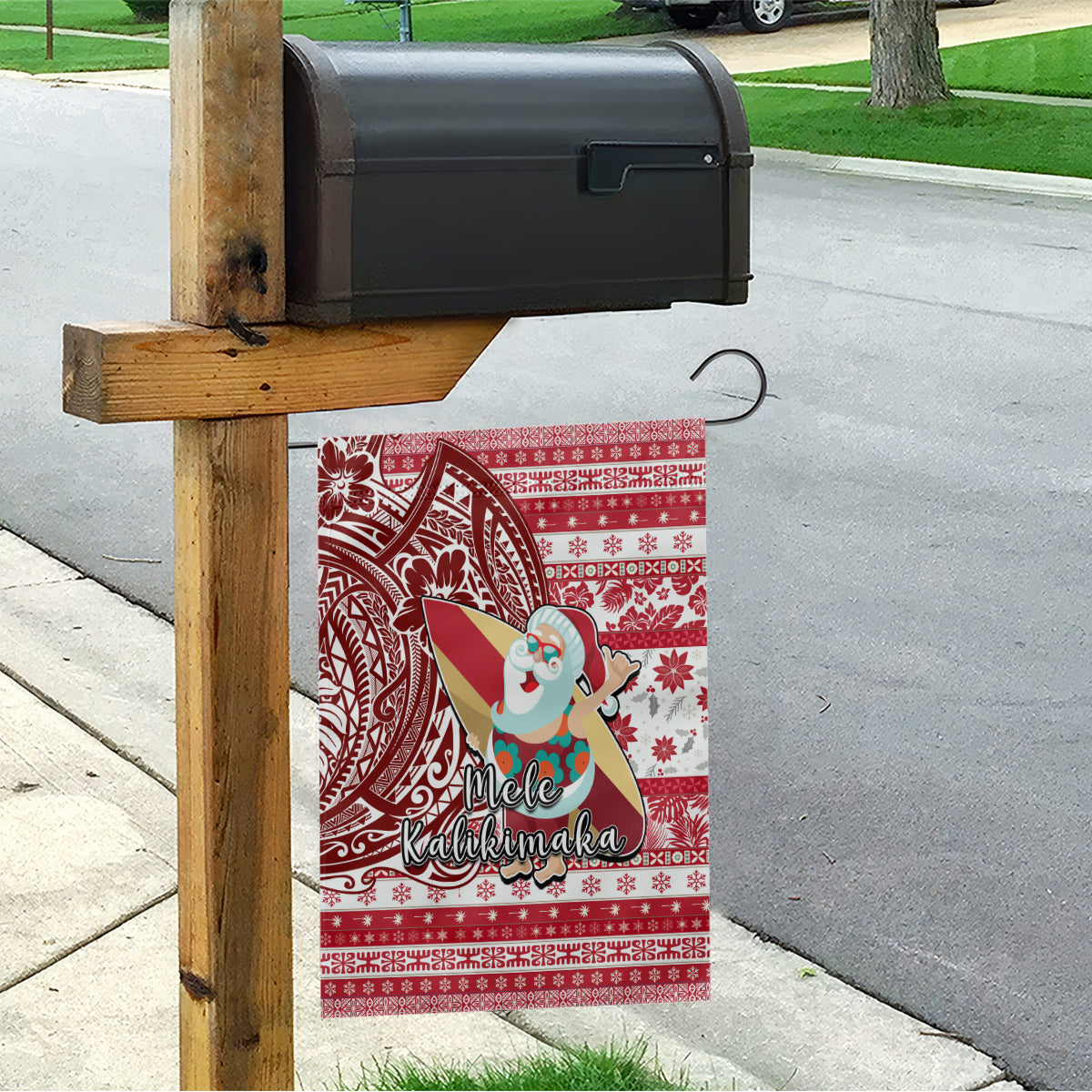 Hawaii Mele Kalikimaka Garden Flag Santa Claus Surfing with Hawaiian Pattern Striped Red Style LT03 - Polynesian Pride