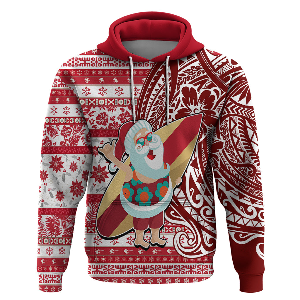 Hawaii Mele Kalikimaka Hoodie Santa Claus Surfing with Hawaiian Pattern Striped Red Style LT03 Pullover Hoodie Red - Polynesian Pride