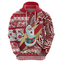 Hawaii Mele Kalikimaka Hoodie Santa Claus Surfing with Hawaiian Pattern Striped Red Style LT03 - Polynesian Pride