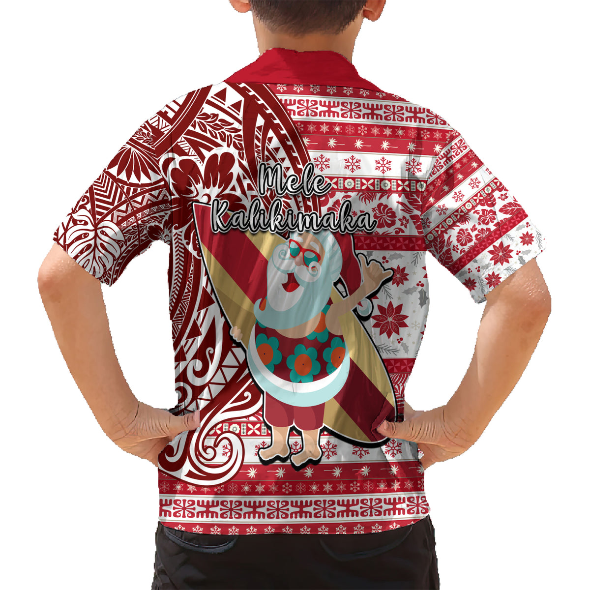 Hawaii Mele Kalikimaka Kid Hawaiian Shirt Santa Claus Surfing with Hawaiian Pattern Striped Red Style LT03 - Polynesian Pride