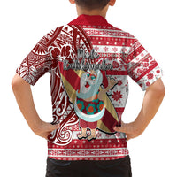 Hawaii Mele Kalikimaka Kid Hawaiian Shirt Santa Claus Surfing with Hawaiian Pattern Striped Red Style LT03 - Polynesian Pride