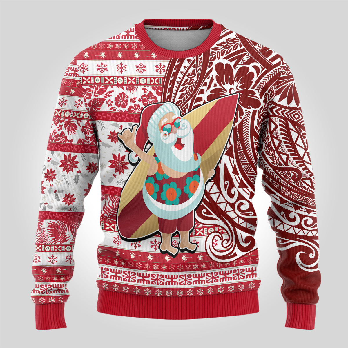 Hawaii Mele Kalikimaka Ugly Christmas Sweater Santa Claus Surfing with Hawaiian Pattern Striped Red Style LT03 - Polynesian Pride
