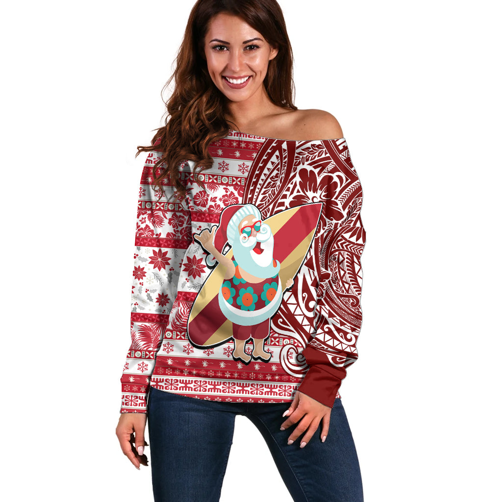 Hawaii Mele Kalikimaka Off Shoulder Sweater Santa Claus Surfing with Hawaiian Pattern Striped Red Style LT03 Women Red - Polynesian Pride