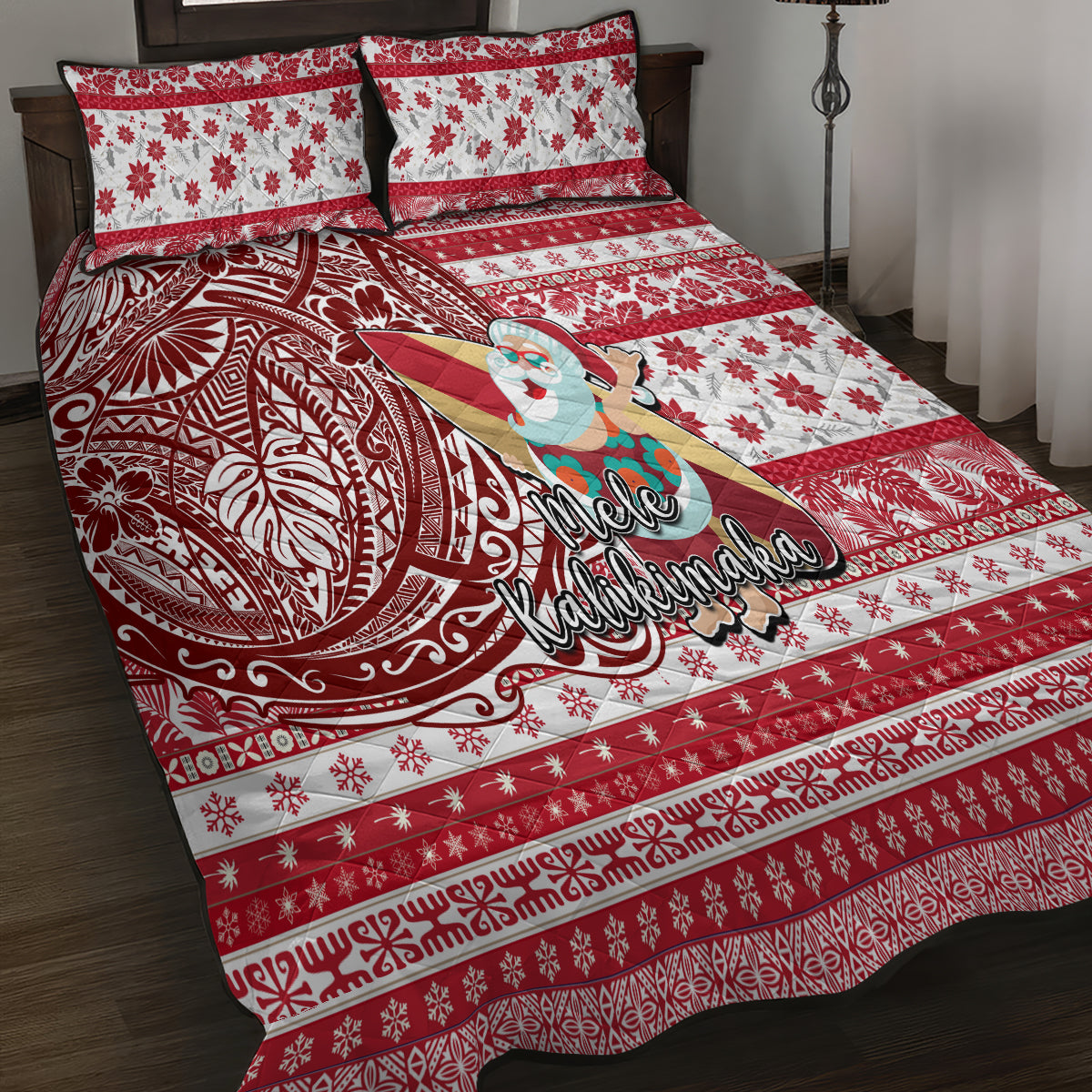 Hawaii Mele Kalikimaka Quilt Bed Set Santa Claus Surfing with Hawaiian Pattern Striped Red Style LT03 - Polynesian Pride