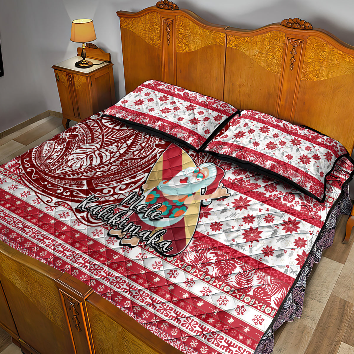 Hawaii Mele Kalikimaka Quilt Bed Set Santa Claus Surfing with Hawaiian Pattern Striped Red Style LT03 - Polynesian Pride