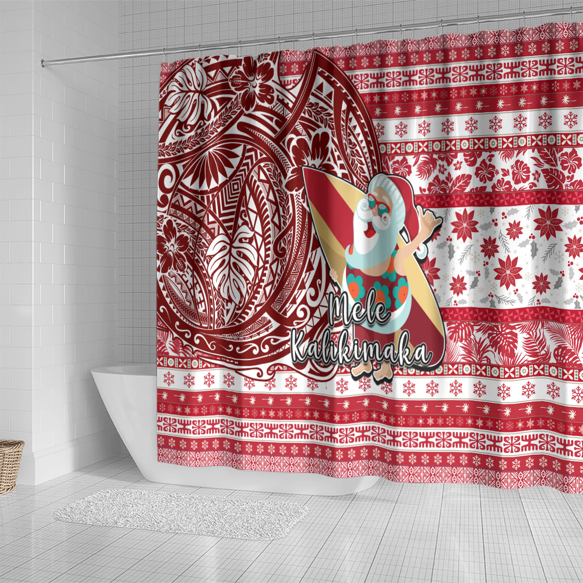Hawaii Mele Kalikimaka Shower Curtain Santa Claus Surfing with Hawaiian Pattern Striped Red Style LT03 - Polynesian Pride