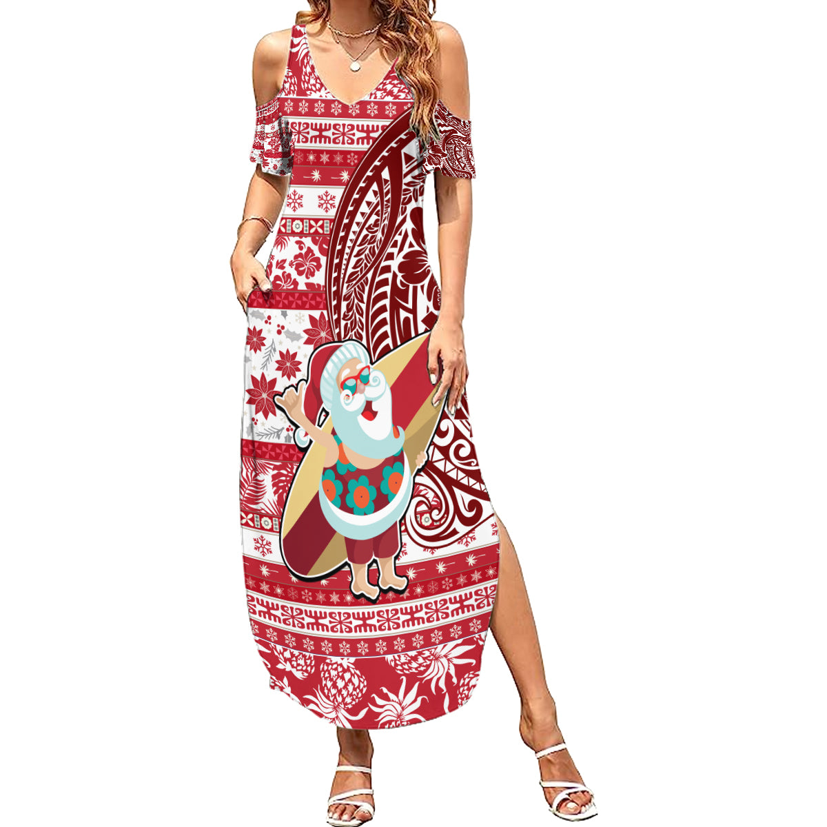 Hawaii Mele Kalikimaka Summer Maxi Dress Santa Claus Surfing with Hawaiian Pattern Striped Red Style LT03 Women Red - Polynesian Pride