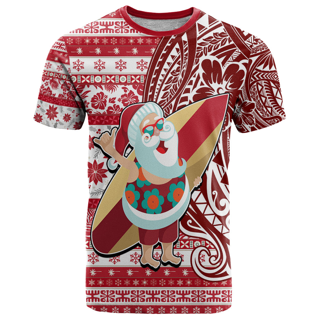 Hawaii Mele Kalikimaka T Shirt Santa Claus Surfing with Hawaiian Pattern Striped Red Style LT03 Red - Polynesian Pride