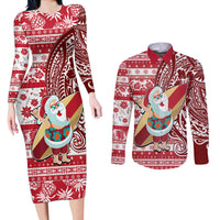 Custom Hawaii Mele Kalikimaka Couples Matching Long Sleeve Bodycon Dress and Long Sleeve Button Shirt Santa Claus Surfing with Hawaiian Pattern Striped Red Style LT03 Red - Polynesian Pride
