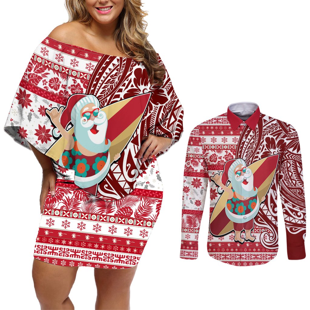 Custom Hawaii Mele Kalikimaka Couples Matching Off Shoulder Short Dress and Long Sleeve Button Shirt Santa Claus Surfing with Hawaiian Pattern Striped Red Style LT03 Red - Polynesian Pride