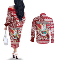 Custom Hawaii Mele Kalikimaka Couples Matching Off The Shoulder Long Sleeve Dress and Long Sleeve Button Shirt Santa Claus Surfing with Hawaiian Pattern Striped Red Style LT03 - Polynesian Pride