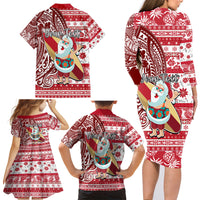 Custom Hawaii Mele Kalikimaka Family Matching Long Sleeve Bodycon Dress and Hawaiian Shirt Santa Claus Surfing with Hawaiian Pattern Striped Red Style LT03 - Polynesian Pride